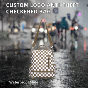 Custom Logo Lightweight <b>Waterproof</b> Anti-theft Checkered Plaid Women's Fashion <b>Backpack</b> Crossbody Bag Travel Work - Product Image 2