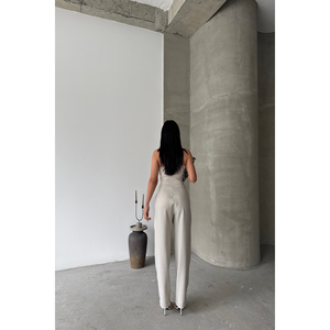 Pantalones Beige de Diseñador para Mujer, Casuales, de Pierna Ancha, Cintura Media, Formales de Oficina, con Rayas Decorativas, Color Suave, Talla XL, Corte Holgado para Verano - Product Image 1