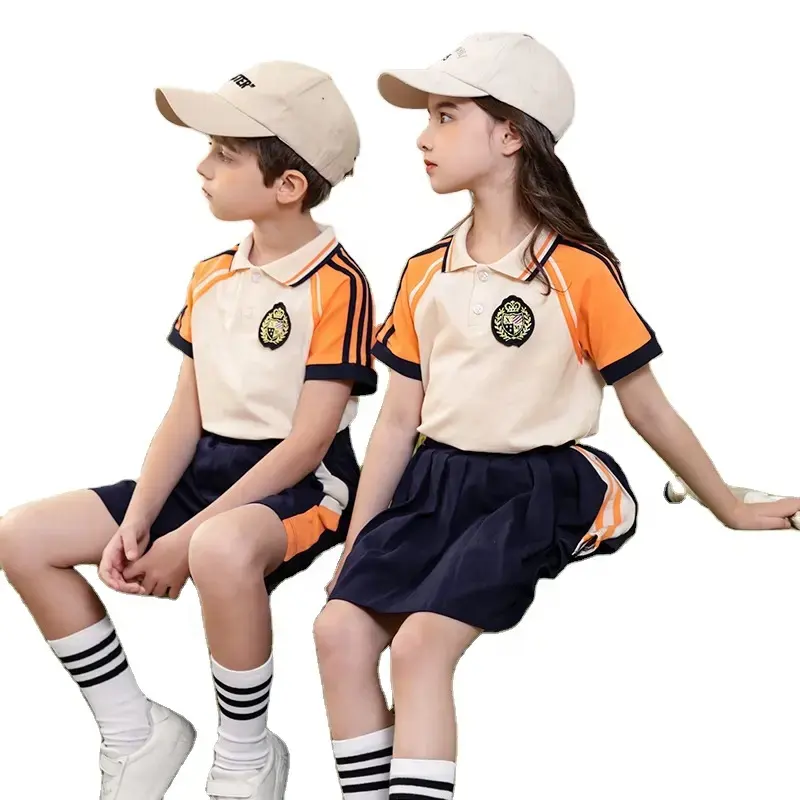 Оптовая продажа, новый дизайн, Детская школьная форма, рубашка-поло, индивидуальная футболка, юбки для девочек, шорты для мальчиков, комплекты