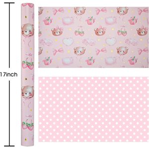 Pink Bear Strawberry Wrapping Paper 17 In X 32.8 Ft Reversible Dot Design For Baby Shower Birthday Gift - Product Image 4