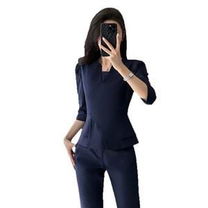 Women's Three Quarter Sleeve Suit <b>Set</b> V Neck Satin Summer <b>Office</b> Lady Uniform Anti Wrinkle Skirt <b>Set</b> - Product Image 5