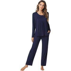 Conjunto de Pijama de Manga Larga Personalizado para Mujer, Viscosa de Bambú, Ropa de Dormir Suave, 2 Piezas, Azul Marino - Product Image 1