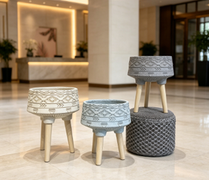 Bohemian Geometric Embossed Wide Bowl Tripod Plant <b>pot</b>, Tribal Pattern Standing <b>Flower</b> Planter with Wooden Legs, Indoor Outdoor - Product Image 3