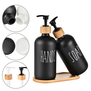 Distributeur de savon mural de 16 oz, bouteille en verre renforcé noir avec base en bois pour la salle de bain, distributeur de savon liquide pour les mains - Product Image 3