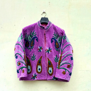 Boho <b>Purple</b> <b>Velvet</b> Floral Embroidered Jacket Full Sleeve Stand Collar Handmade Women's Autumn Outerwear - Product Image 1