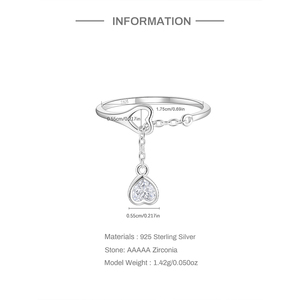 Anillo de Cadena Ajustable Clásico de Plata de Ley S925 con Baño de Rodio y Diseño de Corazón con Circonita Blanca para Regalos de Boda para Mujer - Product Image 6