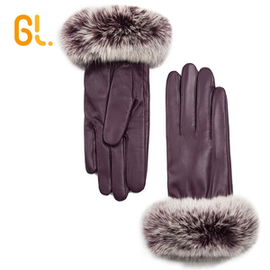 GL50 şarap kırmızı moda kürk süsleyin bayanlar toptan elbise özel kuzu derisi deri kış eldiven kadın - Product Image 1