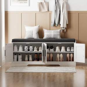 <span class=keywords><strong>Banc</strong></span> à <span class=keywords><strong>chaussures</strong></span> en bois à 2 niveaux pour entrée de maison avec coussin rembourré, <span class=keywords><strong>banc</strong></span> à <span class=keywords><strong>chaussures</strong></span> moderne pour hôtel avec quatre portes - Product Image 2