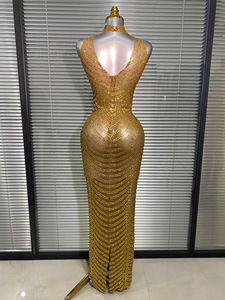 Abito Lungo da <span class=keywords><strong>Donna</strong></span> di Lusso per Feste, Vestito da Sera con Strass Dorati e Rete Trasparente per Performance sul Palco - Product Image 5