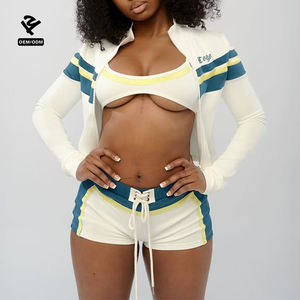 Set Yoga Tre Pezzi Sexy a Righe con Logo Personalizzato, Giacca con Zip, Reggiseno e Pantaloncini con Lacci, Tuta Sportiva Estiva per <span class=keywords><strong>Palestra</strong></span> e Allenamento - Product Image 1