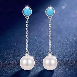 Copper <b>Turquoise</b> Round Bezel White Pearl Long Chain Drop <b>Earrings</b> for Women Dangle Pearl <b>Stud</b> Boho Jewelry Elegant Gift - Product Image 5