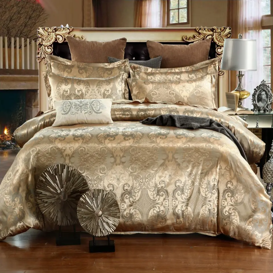 Set di biancheria da letto da sposa in raso blu Navy Jacquard personalizzato in stile europeo per Hotel