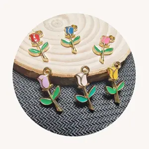 Enamel Rose Flower Pendant Charms Golden Metal Rose Floral Dangle For DIY Bracelet Necklace Jewelry Craft Makingg Supplier