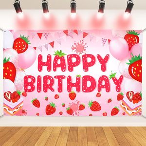 Bannière d'<span class=keywords><strong>anniversaire</strong></span> Thème Fraise Rose, Toile <span class=keywords><strong>de</strong></span> Fond Joyeux <span class=keywords><strong>Anniversaire</strong></span> pour Fête, Décorations <span class=keywords><strong>de</strong></span> Fête sur le Thème <span class=keywords><strong>de</strong></span> la Fraise - Product Image 1