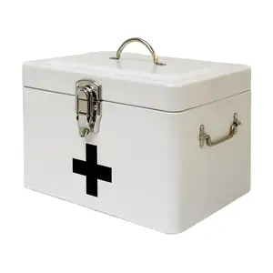 ชุดปฐมพยาบาลโลหะสองชั้นถาดดีบุกแบบถอดได้กล่องใส่ยาปลอดภัยสำหรับบ้าน