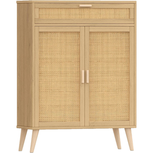 Buffet autoportant en bois et rotin avec 2 portes et grand tiroir organisateur d'armoire de rangement au sol pour la salle de bain - Product Image 1