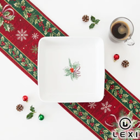 Piring Panggang Keramik Natal Motif Lonceng dan Daun Holly Merah, Panci Casserole Porselen untuk Dapur Rumah, Hadiah Liburan
