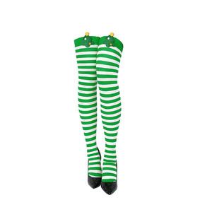 Bas de Noël montants jusqu'aux cuisses, rayés rouge et vert avec nœud et pompon, cadeau pour femme - Product Image 5