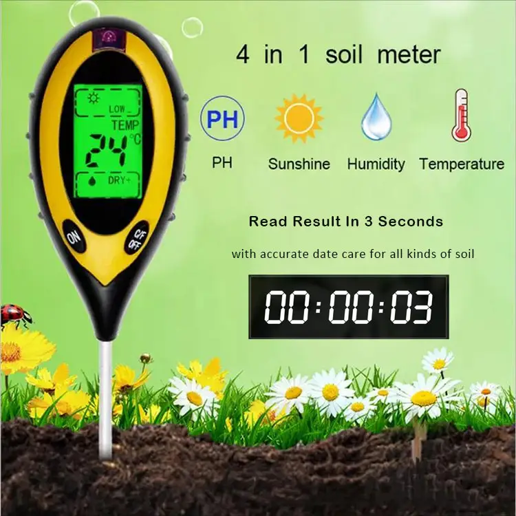 Bodemvocht/Licht/Tem/Ph Meter Voor Tuinieren, Gazon, Landbouw 4 In 1 Grondtester