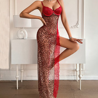 Ensemble de Lingerie Sexy pour Femme : Nuisette à Bretelles avec Imprimé Léopard, Patchwork, Dentelle Transparente, Fente Haute et String