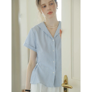 Chemise boutonnée à manches courtes rayée bleue col marin style français pour femme, collection été 2026, style preppy, haut t-shirt - Product Image 3