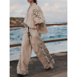 <span class=keywords><strong>Pantaloni</strong></span> <span class=keywords><strong>larghi</strong></span> stampati di fascia alta moda eleganti e comodi in cotone e <span class=keywords><strong>lino</strong></span> da <span class=keywords><strong>donna</strong></span> nuovo stile autunno Set - Product Image 2