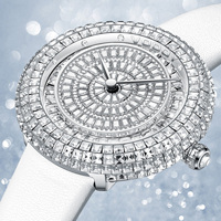 Montre à quartz pour femme en zircon, cadran rond en cristal de 33 mm, bracelet en cuir souple, étanche, montre-bracelet de luxe pour soirée et robe de soirée