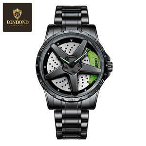 Binbond Men's Quartz Watch Stainless Steel Band Chronograph Car Wheel Hub Dial Design 12mm Thickness Waterproof - Product Image 5