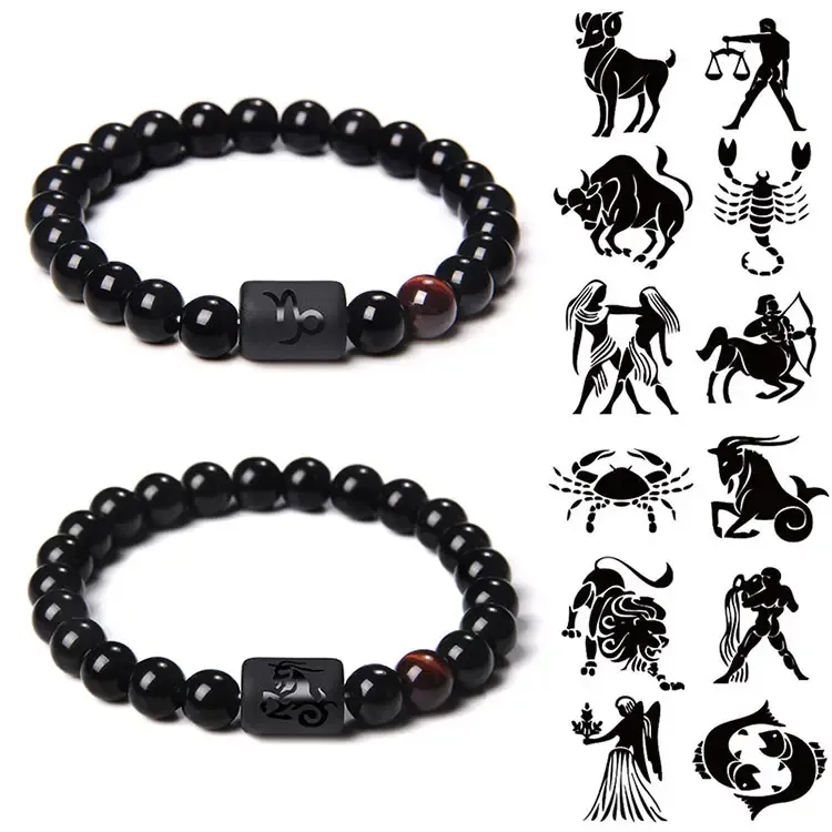 Wholesale Beads wholesale bracelets 12 Horoscope Lucky Natural Stone Tiger Eye Zodiac Beaded Bracelet For Women Men Gift