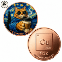 Pièce de monnaie en cuivre pur 999 de 1 oz en gros, motif chat portant des lunettes de soleil et tenant une tasse de café dans un style nuit étoilée, pièce de collection