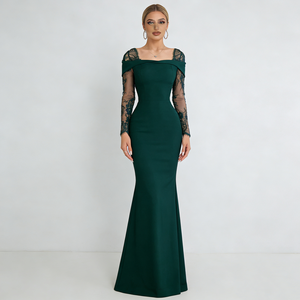 Robes pour femmes Vert émeraude foncé <span class=keywords><strong>D</strong></span>écolleté carré Manches longues en dentelle Ajustées Sirène Élégantes Robes de soirée maxi pour femmes - Product Image 1
