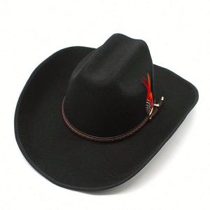 Chapeau de cowboy occidental style tibétain à bord frisé de 9,5 cm avec plumes – Vente en gros - Product Image 3