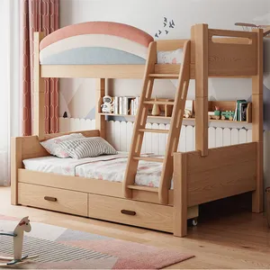 아이들을위한 사다리와 책 자체가있는 효과적인 디자인 너도밤 나무 저장 이층 침대 침실 가구 미니멀리스트 어린이 침실 세트
