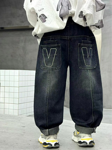 Pantalon en denim à poches brodées pour garçons, coupe droite et ample, avec ceinture élastique, style décontracté pour adolescents, confort en toutes saisons, - Product Image 3