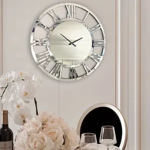 Oturma odası rerative RallLarge duvar saati cam ayna Modern dekoratif roma büyük gümüş ahşap yuvarlak 3D saat toptan