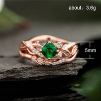 Yeşil Kare CZ Yaprak Asma Yüzük Kadınlar için, 5mm, Pembe Altın Kaplama Pirinç Vintage Doğa Stili, Pembe Altın