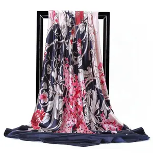 Lenço de seda quadrado, lenço feminino de cetim com estampa floral, grande, para pescoço, 90*90cm