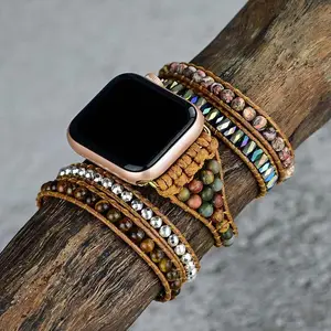 Pulseira de pulso boêmia de luxo ajustável feita à mão com contas, pulseira de relógio para Apple iWatch e acessórios