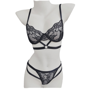 Conjunto de lencería sexy de encaje floral exótico transparente y fino para mujer, con sujetador de copa 3/4 con aros y tanga, diseño clásico, sin costuras, con logo en la cintura, ODM - Product Image 1