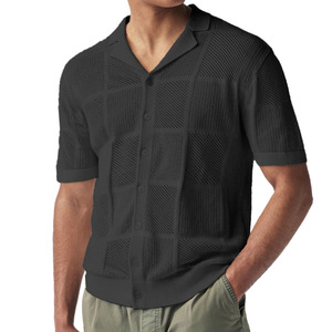 Men's Knitted <b>Cardigan</b> Hollow Polo Collar <b>Short</b> <b>Sleeve</b> Casual Top Acrylic Fiber Machine Washable Youth Wear White Black Blue - Product Image 2