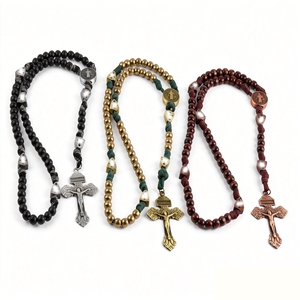 Collana Personalizzata con Perline <span class=keywords><strong>in</strong></span> Legno da 10MM, Rosario Cattolico di San Benedetto con Crocifisso e Croce - Product Image 4