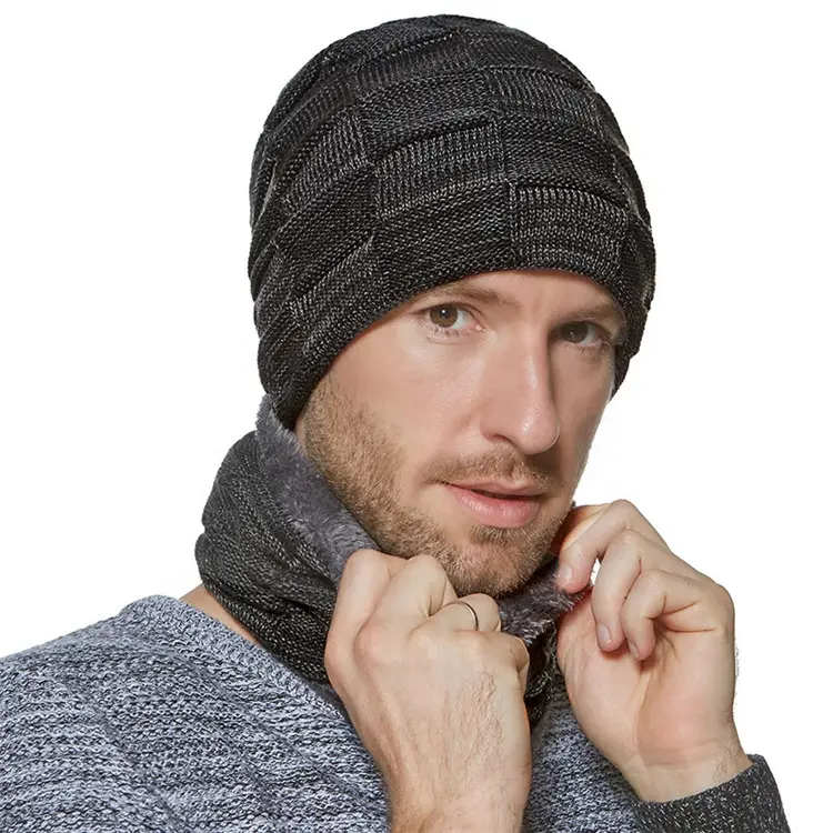 2-Pieces Knit Round Warm Men Knitted Neck Tube Acrylic Warm Knit Beanie Winter Scarf And Hat Set