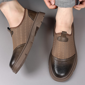 Chaussures bateau en cuir respirantes pour hommes, à enfiler, noires, semelle souple, décontractées, pour l'été - Product Image 3