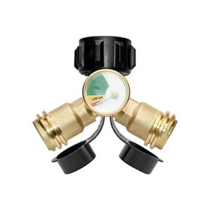 Adaptador distribuidor tipo Y para tanque de propano con manómetro para hornos y calentadores de gas, construcción metálica - Product Image 1