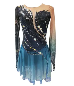 Kids Figure Skating Dress Ice Skating Dress Spandex High Elasticity Competition Skating Wear Long Sleeve Ice Skating Dress Blue