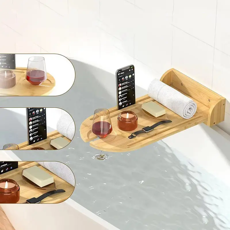 Bamboo Extendable Bathtub Tray - Holds Fruit  Books  Tablets  Smartphones and Wine