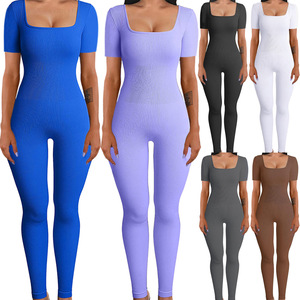 Combinaison décontractée à manches longues en tricot côtelé avec logo personnalisé pour <span class=keywords><strong>femme</strong></span>, combinaison slim une pièce, pantalon, combinaison à manches courtes avec étiquette privée - Product Image 1