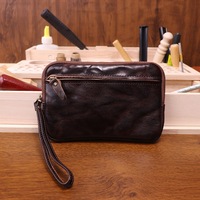 Tas Dompet Kulit Sapi Asli Full Grain Retro Vegetable Tanned Dengan Tali Pergelangan Tangan, Kapasitas Besar Untuk Wanita