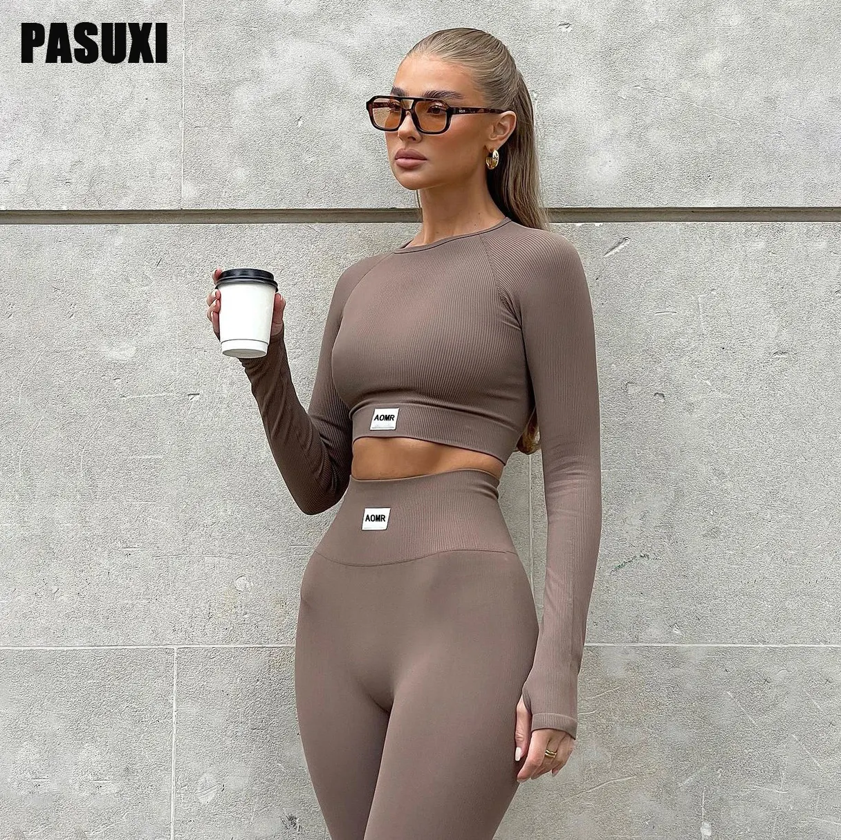 PASUXI Wholesale Custom Workout Fitness Women Gym Apparel Sports Running Leggings Ribbed Yoga Sets For Lady