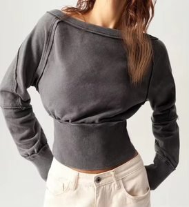 Logo personalizzato a manica lunga accogliente ampio scollo rotondo a punto inverso a punto corto alta elasticizzato <span class=keywords><strong>in</strong></span> <span class=keywords><strong>vita</strong></span> <span class=keywords><strong>felpa</strong></span> da donna - Product Image 1